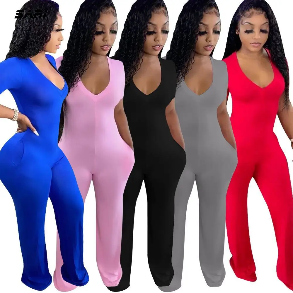 Women Jumpsuit Solid Color Sexy Elegant V-Neck Short-sleeved Wide-Leg Pants Overalls Casual Loose One-piece Summer Rompers