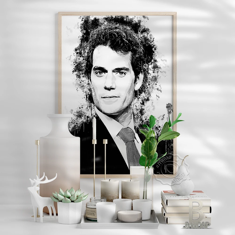 Henry Cavill Black White Printing Poster, British Actor Handsome Man Portrait Watercolour, Minimalism Nordic Home Art Decor Gift