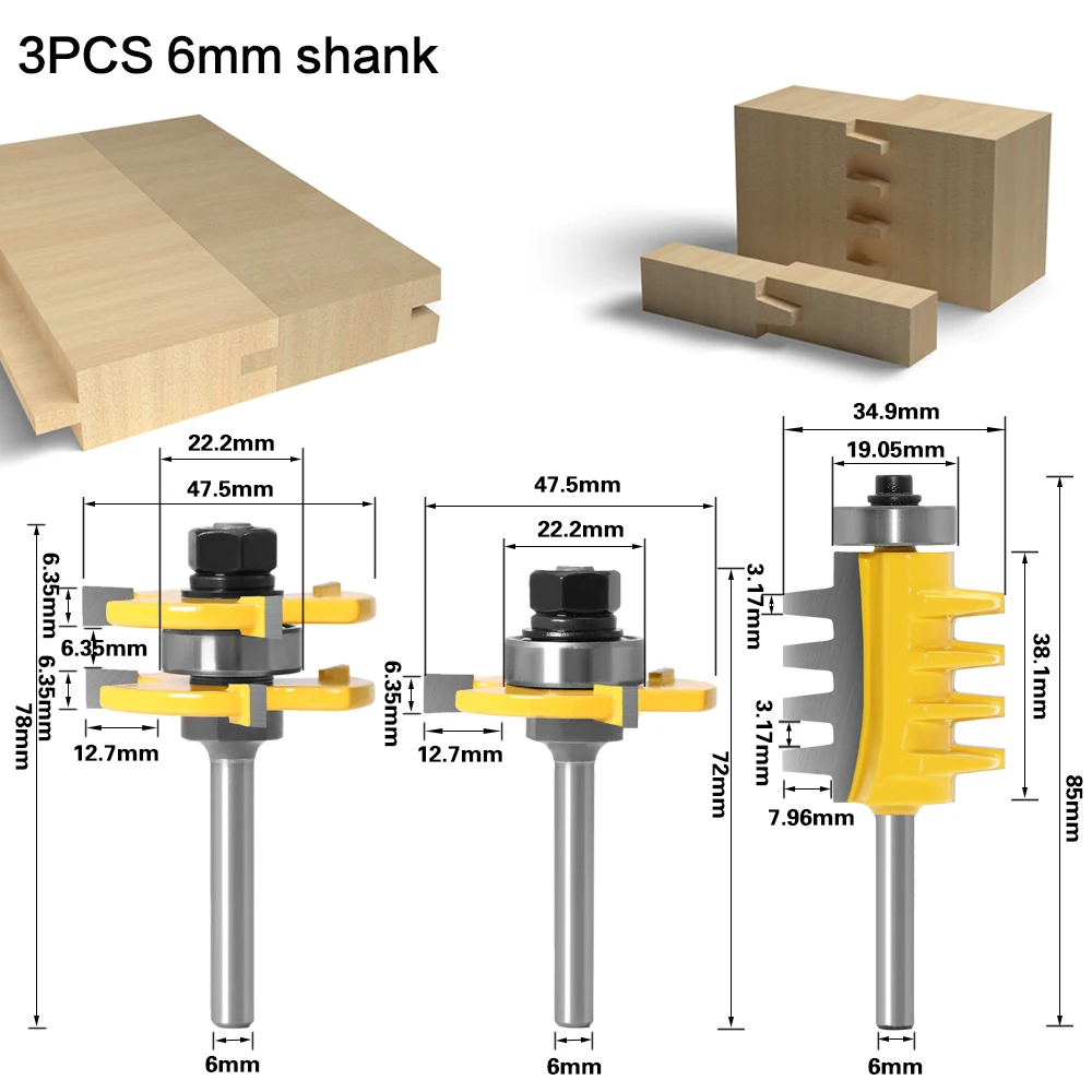 3pcs 6mm 1/4inch Shank Joint Assemble Router Bits Tongue & Groove T-Slot Milling Cutter for Wood Woodwork Cutting Tools