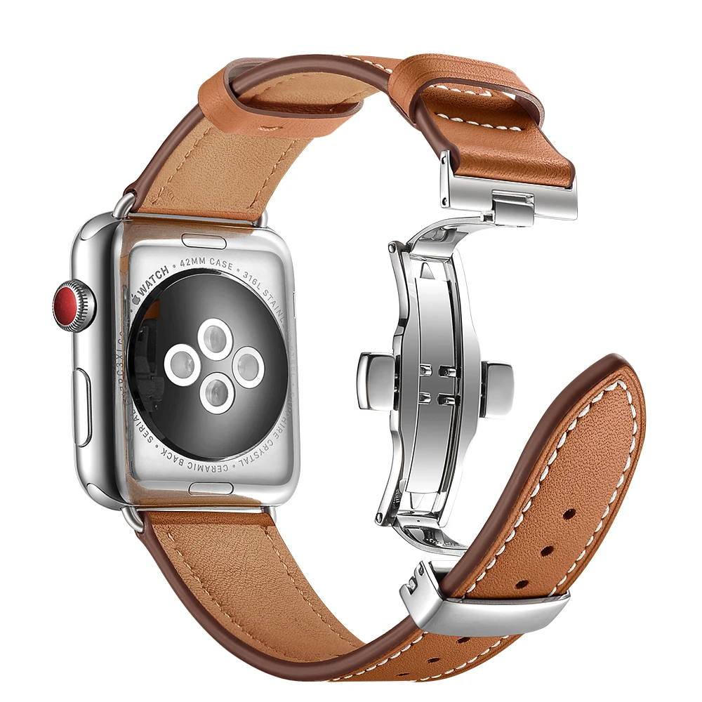 

Ремешок из натуральной кожи для Apple Watch Band, браслет для Apple Watch 7 6 5 4 3 2 1 SE 45 мм 41 мм с застежкой-бабочкой для iWatch 44/40 мм 42 38