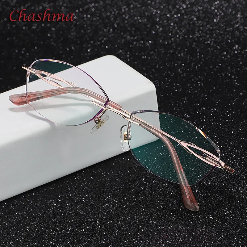Chashma Prescription Glasses Colored Lenses Fashion Frame Women Optical Rimless Titanium Spectacles Female Stones Eyeglasses