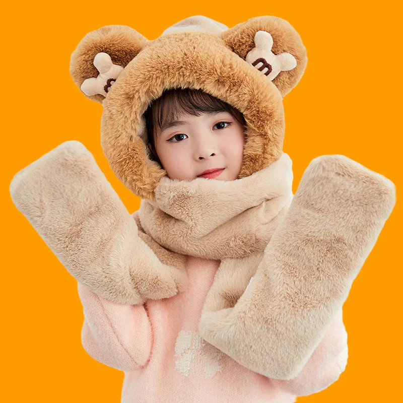 New Winter Kids Scarf Hat Gloves Sets Plus Velvet Baby Hooded Cap Sets Children Beanie Cap Scarf Gloves Boys Girls Hat Sets