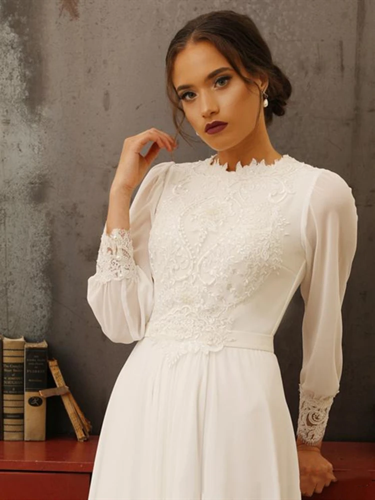 Vestidos de novia de gasa de encaje con apliques, cuello alto, manga larga hasta el suelo, diseño Vintage, vestido de novia