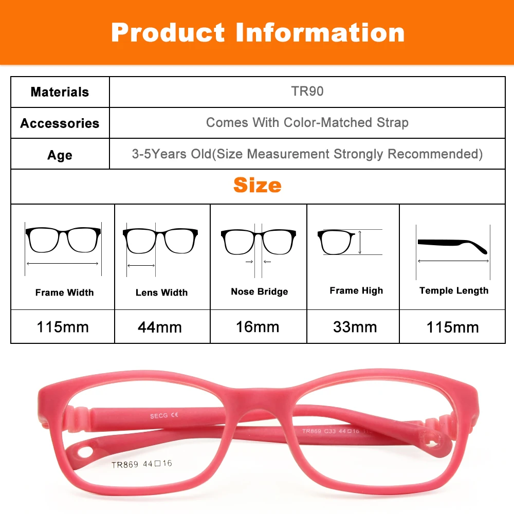 Kids Glasses Frame with Strap Size 44/16 One-piece No Screw 3-5Y, Bendable Optical Children Glasses for Boys & Girls