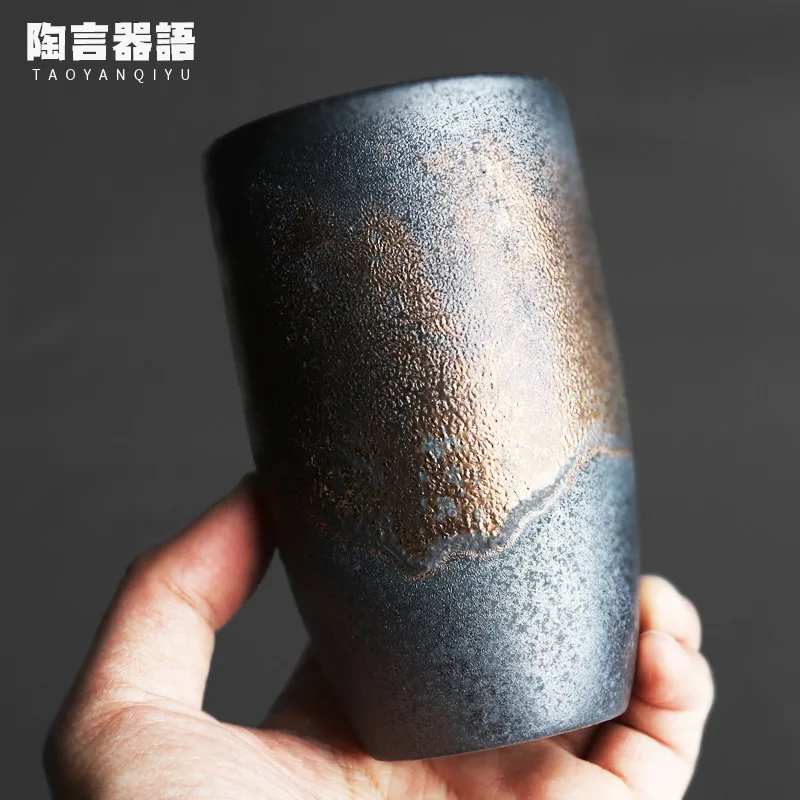 260ml Japanese retro stoneware large straight teacup kiln turned black gold glaze personality master single cup coffee cup