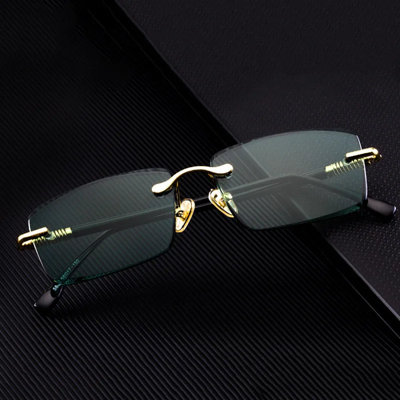 Vintage Rimless Sunglasses Men Natural Crystal Stone Sun Glasses Women Retro Green Lens Sunglass Goggles UV400 Oculos De Sol