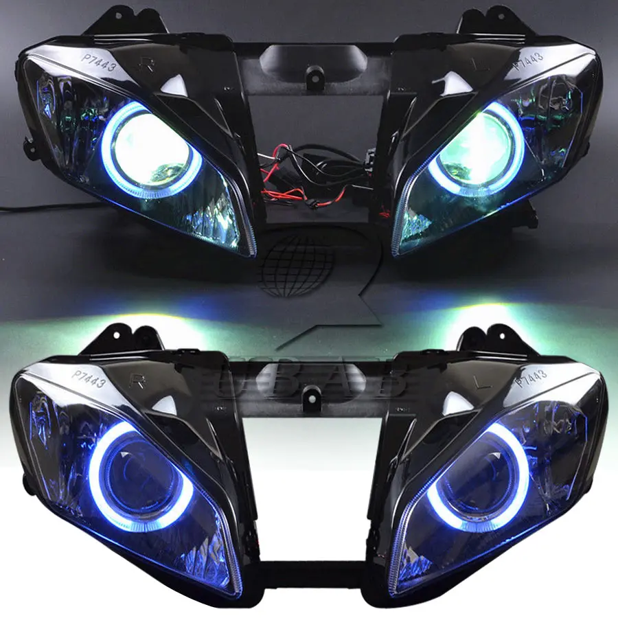 

Motorcycle Custom Headlight Assembly Projector LED Blue Angel Eyes Headlamp For Yamaha YZF R6 2008-2015 2009 2010 2011 2012