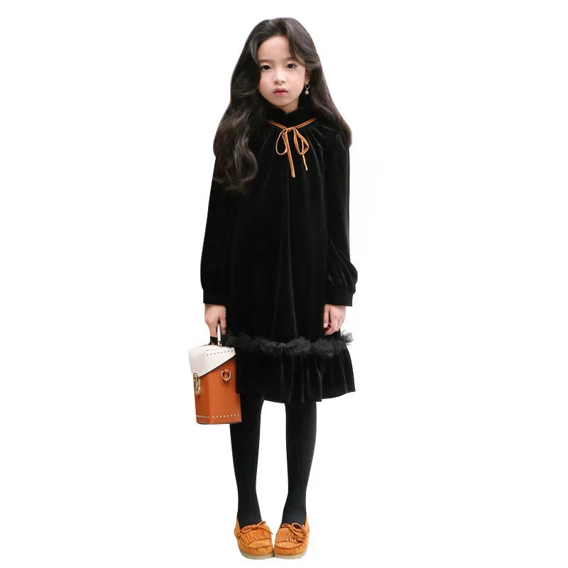 2026 New Autumn Winter Velvet Baby Teen Girls Dress Kids Clothes Children Outfit Long Sleeves Ruffles Casual Dresses Soft Cute