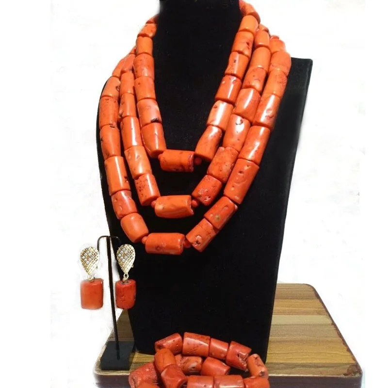 

4uJewelry Original Coral Beads Jewelry Set Orange Layers African Jewellery Necklace Bracelet Earrings Set 2024