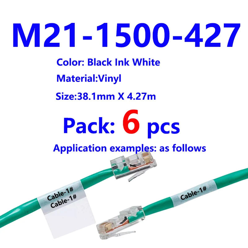 6 Pack M21-1500-427 Vinyl maker Label Ribbon Black On White bmp-21PLUS Printer M21-1500-427 38.1mm * 4.27m Label Tape Cable Labe