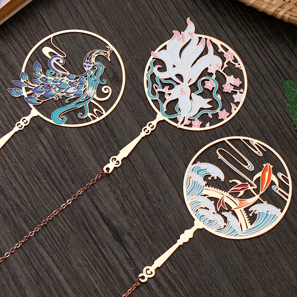 Chinese Style Calligraphy Painting Bookmark Group Fan Book Clip Pagination Mark Metal Tassel Stationery School Office Supplies