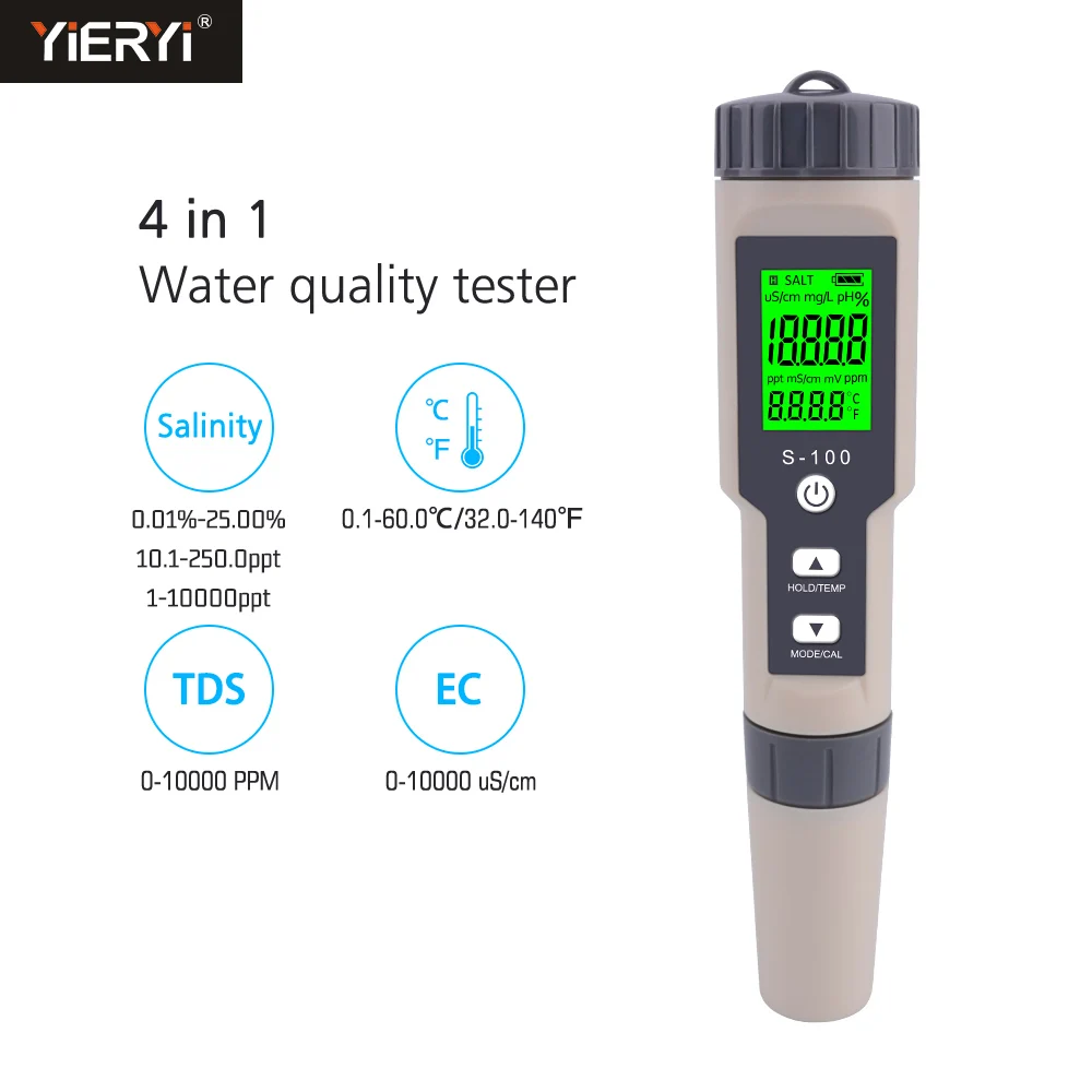 

Yieryi S-100 Digital Salinity Meter 4 in 1 TDS/EC/Salinity/TEMP Water Quality Tester for Aquarium, Hydroponics, Swimming Pool