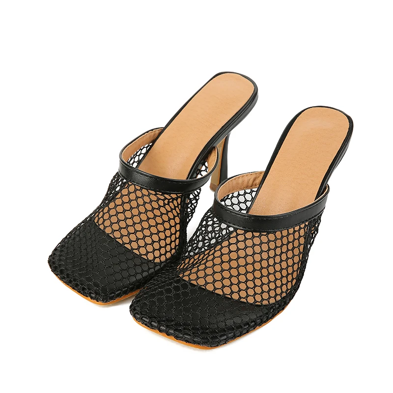 Kcenid New Summer Mules Shoes Women Sexy Hollow Mesh Square Toe Shoes For Women High Heels Summer Party Pumps Apricot Black