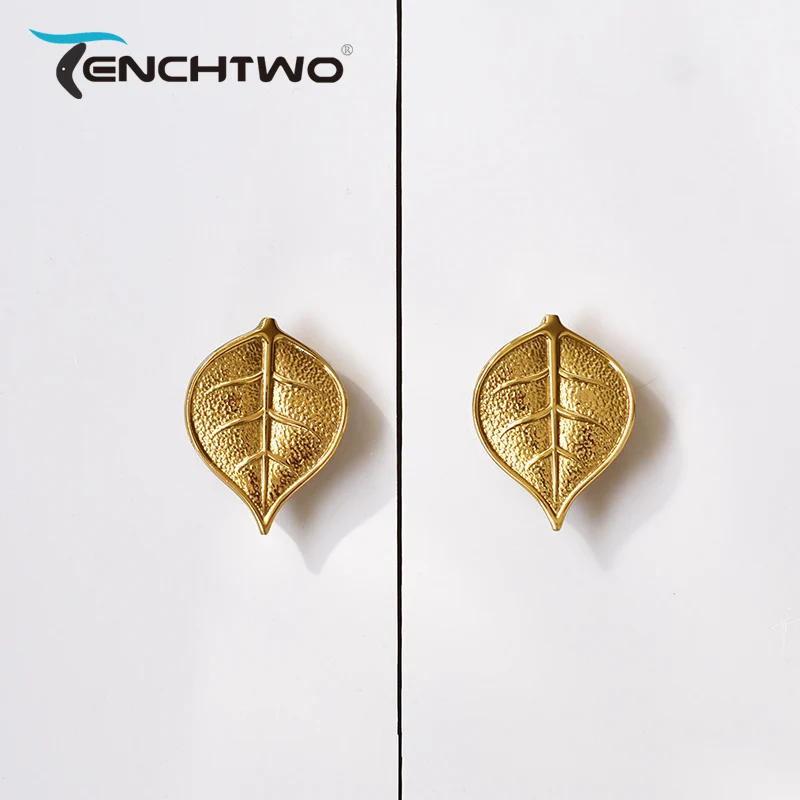

TENCHTWO Art Leaf Shape Copper Furniture Handle Wardrobe Cupboard Cabinet Knob Drawer Door Pulls European Luxury Gold Brass