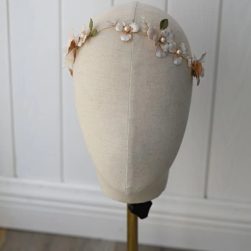 SLBRIDAL Handmade Ins Style Alloy Green Leaf Crystal Rhinestone Pearls Bridal Headband Wedding Headdress Hair Accessories Women