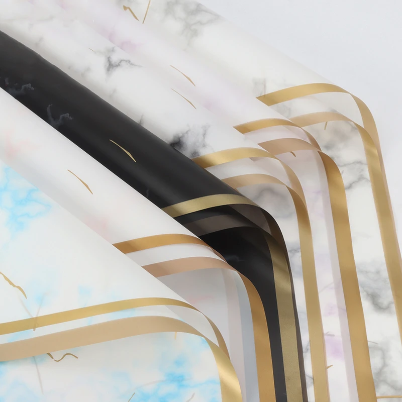 Marble Pattern Golden Border Flower Wrapping Paper, Waterproof Bouquet Package, Flower Shop Supplies Material, 20 Sheets