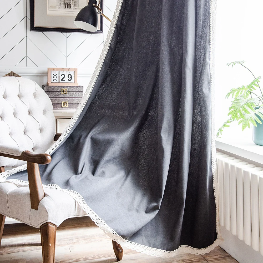 Modern Dark Grey Curtain With Tassel Cotton Semi Blackout Finished Curtains For Living Room Blinds French Windows Door Curtain