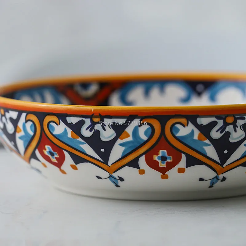 1Pcs American Country Hand-painted Ceramic Plate Tableware Soup Bowl Deep Dish Cover Rice Bowl Glaze Under The Flower Tray