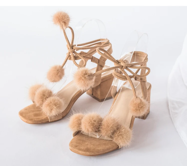 Pink Camel Mink Fur Ball Lace Up Sandal Summer Open Toe Woman Ankle Strap Gladiator Bobbles Bandage Party Shoes