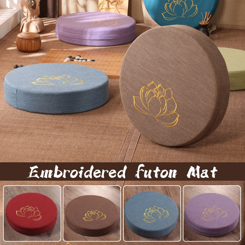 

Japanese Style Round Thicken Linen Seat Cushion Tatami Meditation Cushion Lotus Embroidery Futon Balcony Bay Window Floor Mat