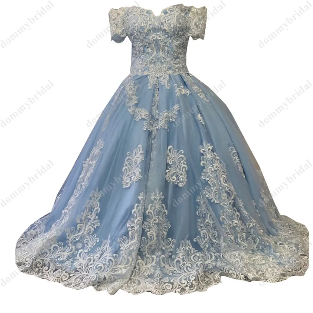 Vestidos de quinceañera azul claro de encaje blanco Vintage, Vestidos Baratos largos sin hombros con mangas, vestido de baile de graduación de tul largo hasta el suelo