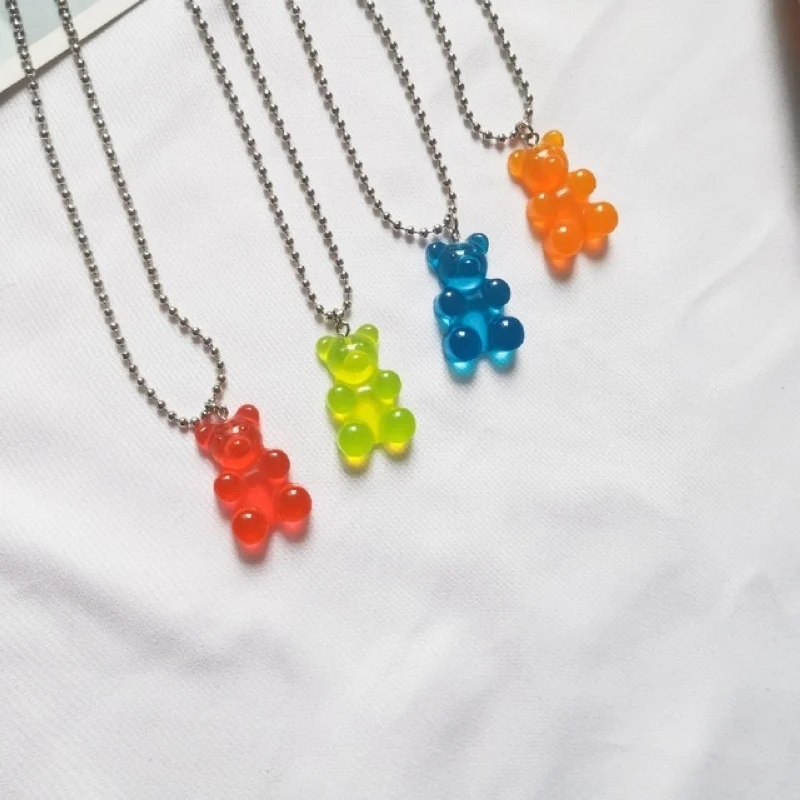 Fashion Candy Color Resin Bear Necklace Cartoon Cute Girl Beads Chain Bear Pendant Necklace Jewelry Party Friends Party Gift