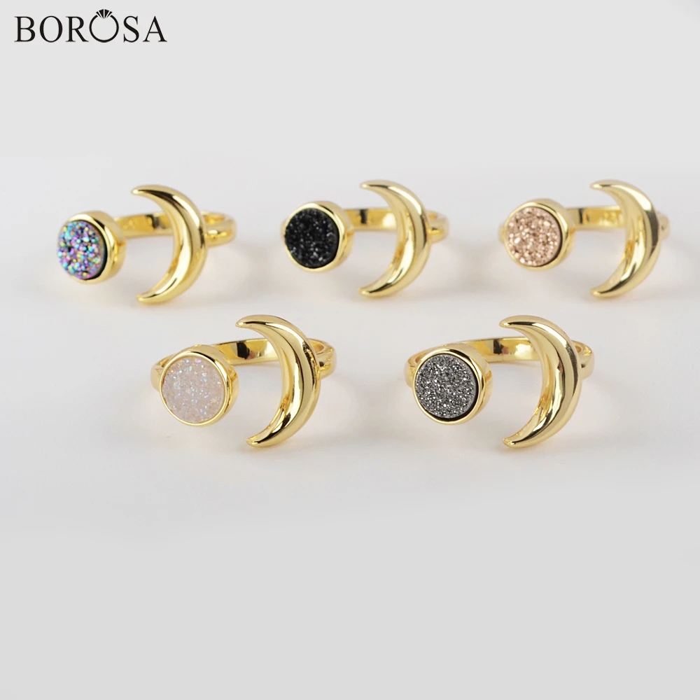 BOROSA 5/10Pcs Unique Multicolored Agates Druzy Ring for Women Adjustable Golden Color Moon Open Rings Accessories ZG0438