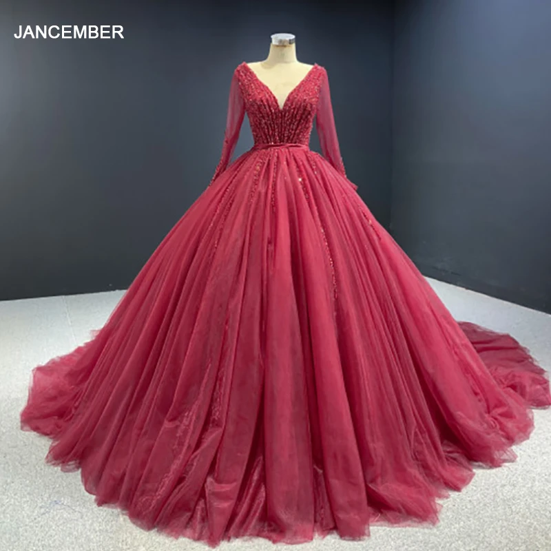 J67172 Jancember Red Wine Evening Dresses With Long Sleeves V Neck Sequined Sashes Lace Up Back Prom платье abiye gece elbisesi