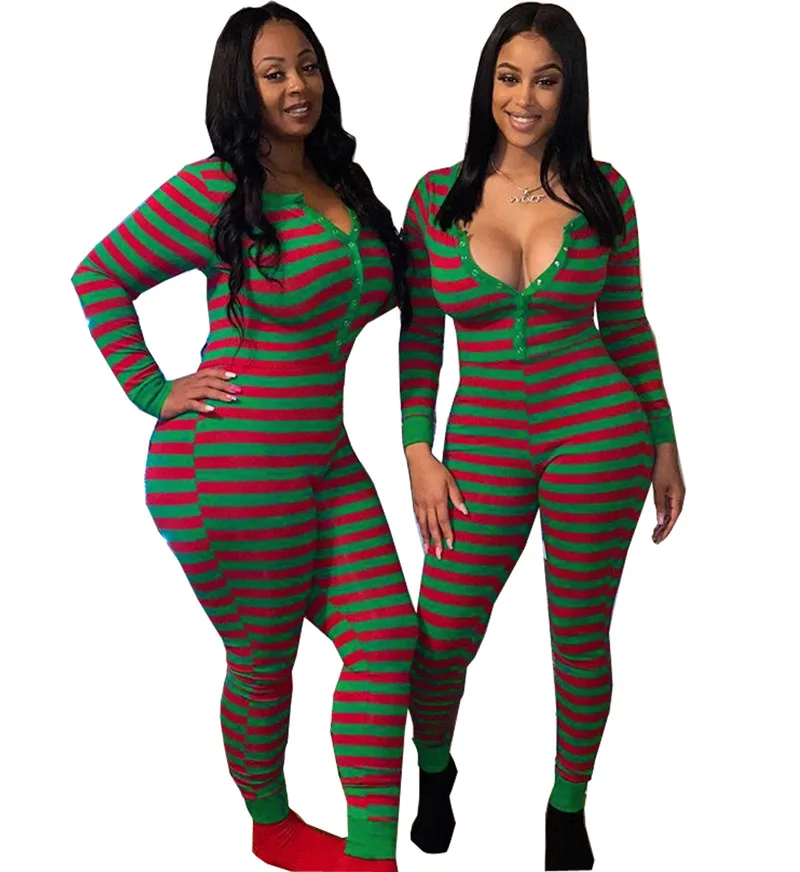 Autumn Winter Woman Striped Bodycon Romper Jumpsuits Christmas Home Pajamas One-Piece Women Xmas Nightwear Jumpsuit Sleepwear