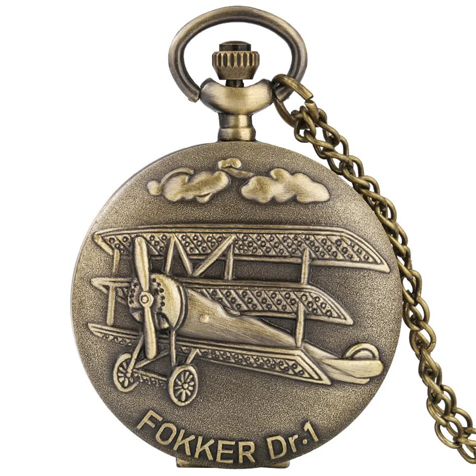 Middelgrote Vintage Brons Fokker Dr.1 Plane Quartz Zakhorloge Ketting Hanger Mannen Vrouwen Met Ketting Collection Klok