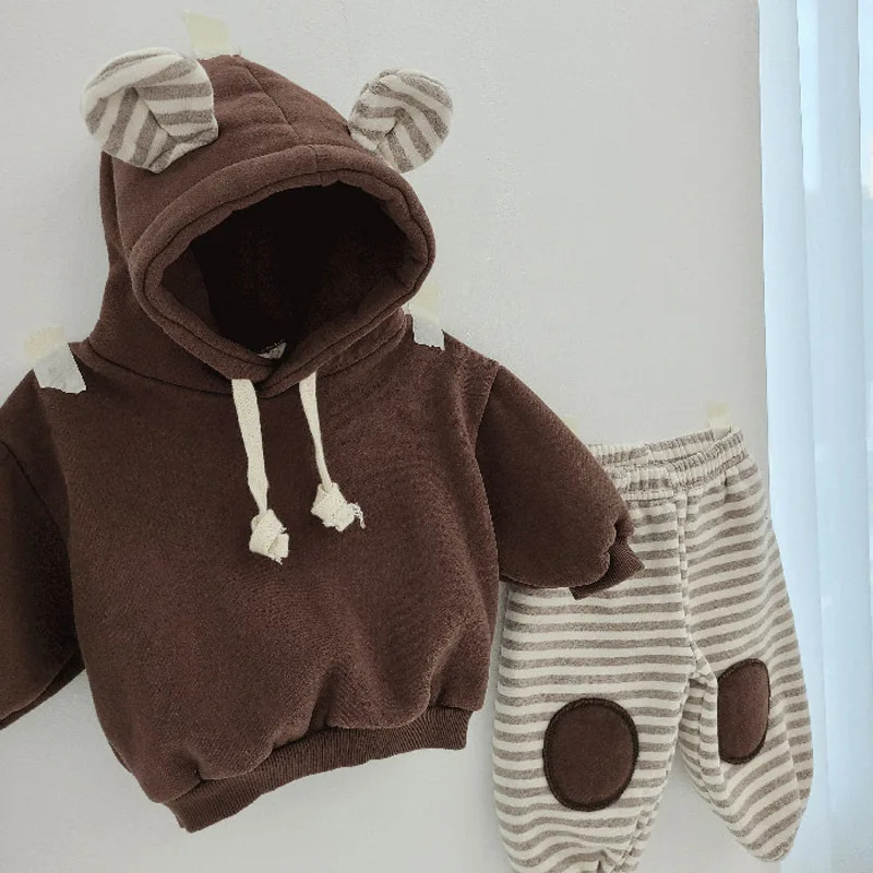 Winter Baby Casual Clothes Set Boys Cute Bear Hooded Fleece Hoodie Plus Velvet Striped Patch Pants 2pcs Suit Baby Warm Outfits