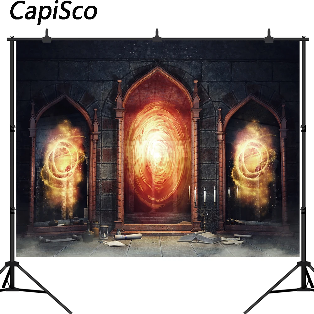 Capisco Halloween Photography Background Dark Chamber Magic Books Backdrop Candle Castle Arch Door Photo Portrait Shoot Prop