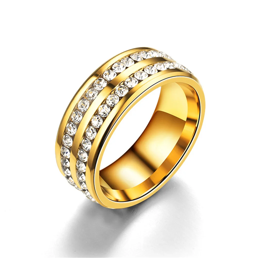 Hip Hop Iced Out Bling 2 Row CZ Ring Female Gold Color Stainless Steel Wedding Engagement Rings For Women Men Jewelry Gift