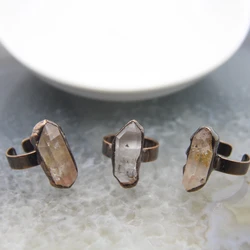 Natural White Quartz Points Stick Adjustable Rings,Healing Crystal Chakra Antique Brass Style Rings Jewelry Gift For Women/Man