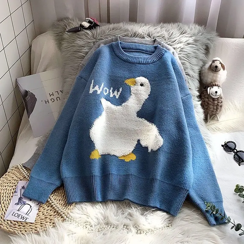 Blue Sweater Women Loose Korean Wear Lazy Pullover Autumn Winter 2021 New Popular Sweet Cute Wow Duck Cartoon Harajuku Thick