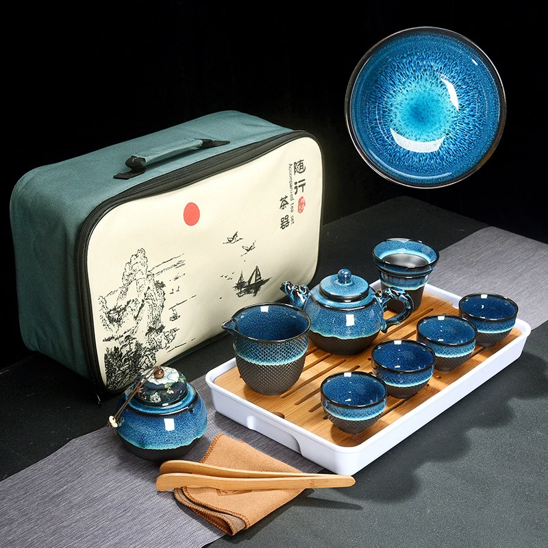 

Chinese Tea Set Blue Amber Glaze Ceramic Jingdezhen temmoku glaze Exquisite Set Kung Fu Tea Cup portable Teapot Gaiwan Tea Cups