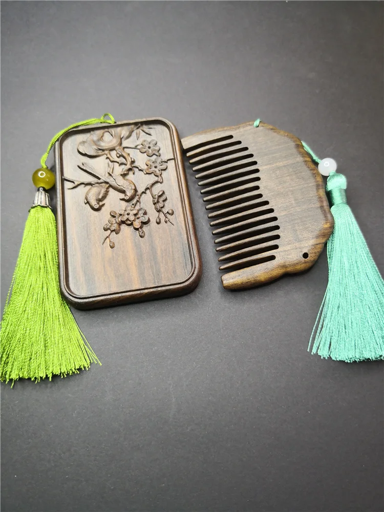 Antique Agarwood Mirror Comb Set Vintage  Makeup Mirror Portable Travel Dressing Table Princess One Set