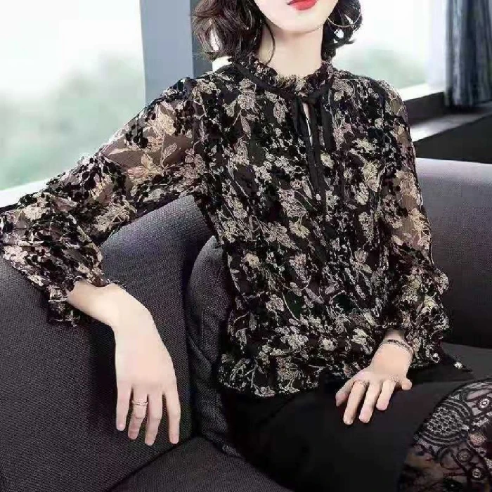 Chemise en mousseline de soie à manches longues pour femmes, haut noir élégant, broderie florale, t-shirt slim, grande taille 6XL, NS4886