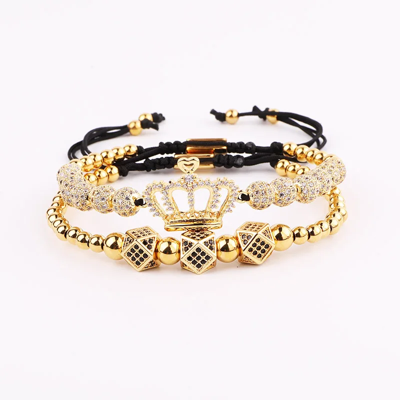 New Design Luxury Crown Jewelry Gold Plated CZ Pave Charm Beaded Macrame Bracelet Set Male