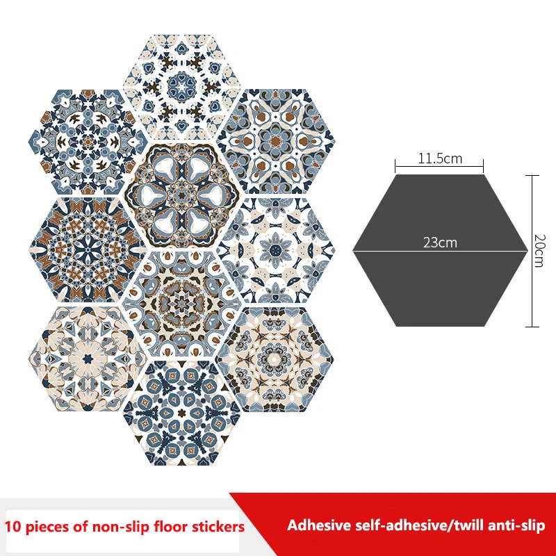 10pcs 욕실 바닥 스티커 껍질 스틱 자체 접착 방수 미끄럼 방지 육각 바닥 타일 주방 거실 장식