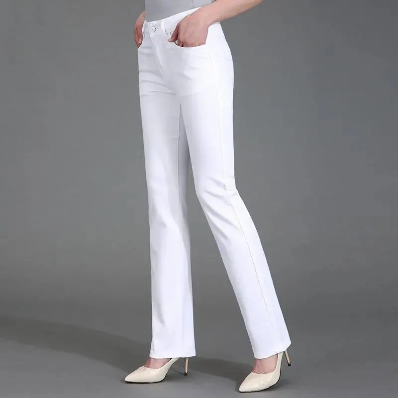 Summer Thin Ladies White Jeans High-Rise Straight-Leg Stretch Trousers Loose Fashion Casual Middle-Aged Women's Cowboy Pants