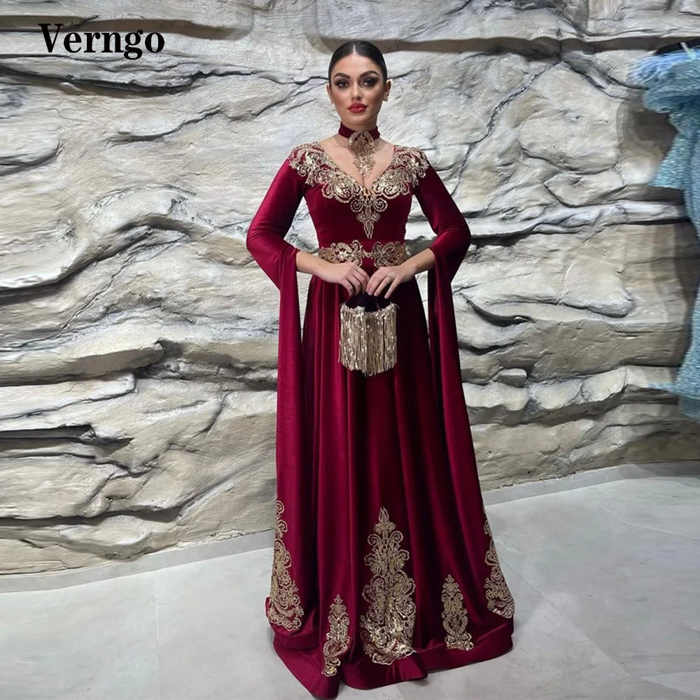 Verngo-exquisito caftán marroquí para mujer, vestidos de noche burdeos, mangas largas, cuello en V, apliques de encaje, vestido Formal de graduación, talla grande