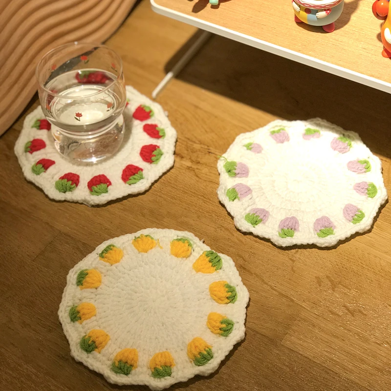 Handmade Crochet Placemat Cup Holder Fruit Drink Coasters Pad Tea Pot Mat Home Office Studio Kitchen Dining Table Decor