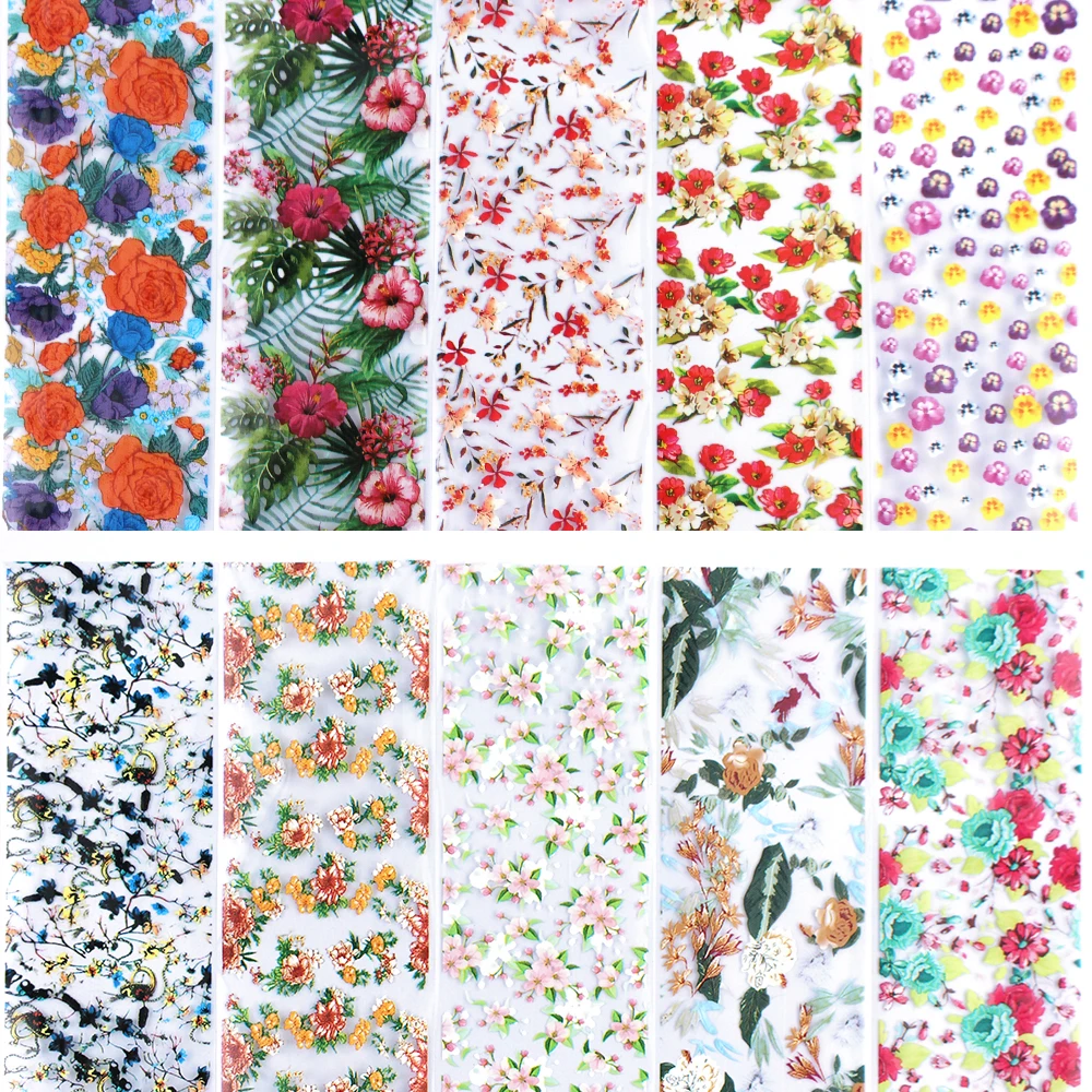 10pc Flower Nail Art Foils Stickers Transfer Slider Mixed Designs Nail Adhesive Tools for Nail Art Decal Nail Decoration