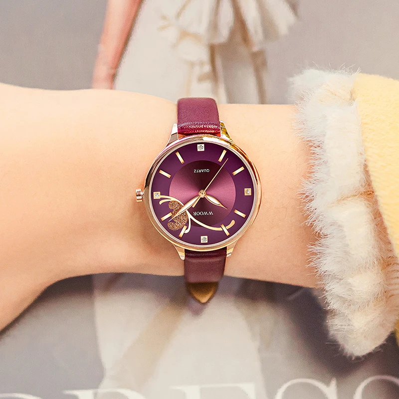 WWOOR New Womens Fashion Purple Watch Top Brand Luxury Leather Small Watch For Ladies Dress Wrist Watches Clock Relogio Feminino