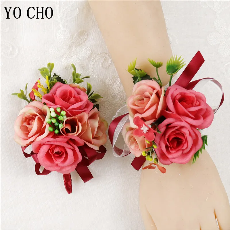 YO CHO Men Suit Boutonniere Wedding Silk Rose Girl Wrist Corsages Sister Bracelet Flower Groomsmen Corsages and Boutonnieres