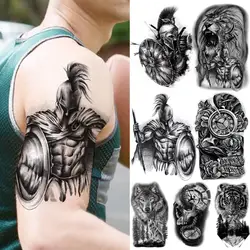 Black Spartan Temporary Tattoos For Men Boys Lion Knight Wolf Skull Compass Tiger Fake Tattoo Sticker Arm Leg Tatoos Waterproof