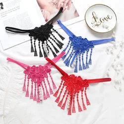 Fashion Lace Open Crotch Panties Sexy Bandage Tassel Bead String Crotchless Briefs Female Lingerie for Sex Transparent Underwear