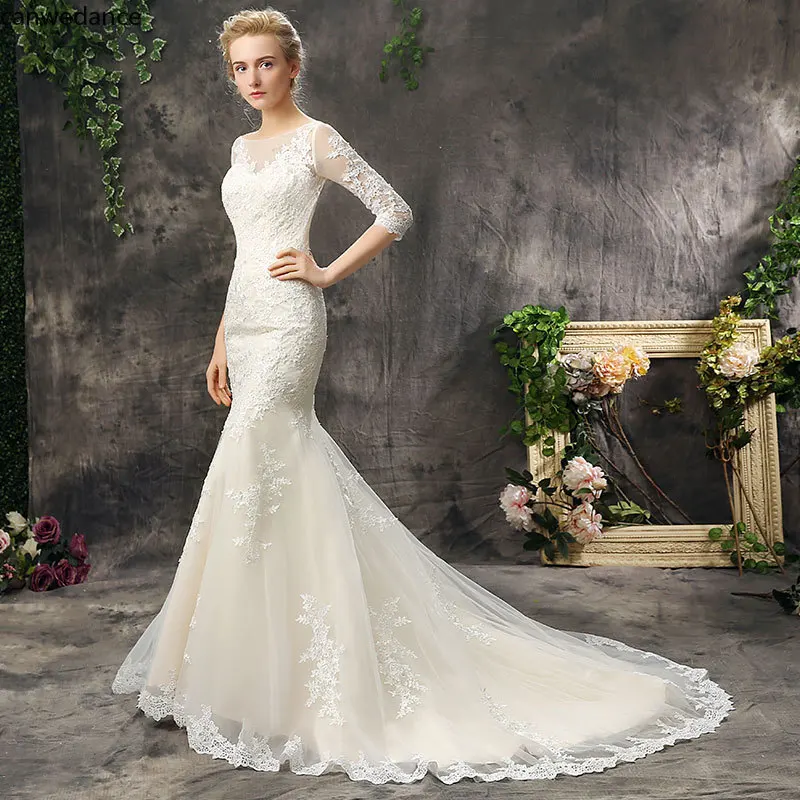 2020 Illusion O Neck Mermaid Lace Appliques Sweep Train Wedding Dresses Three Quarter Sleeve Backless Bridal Gowns