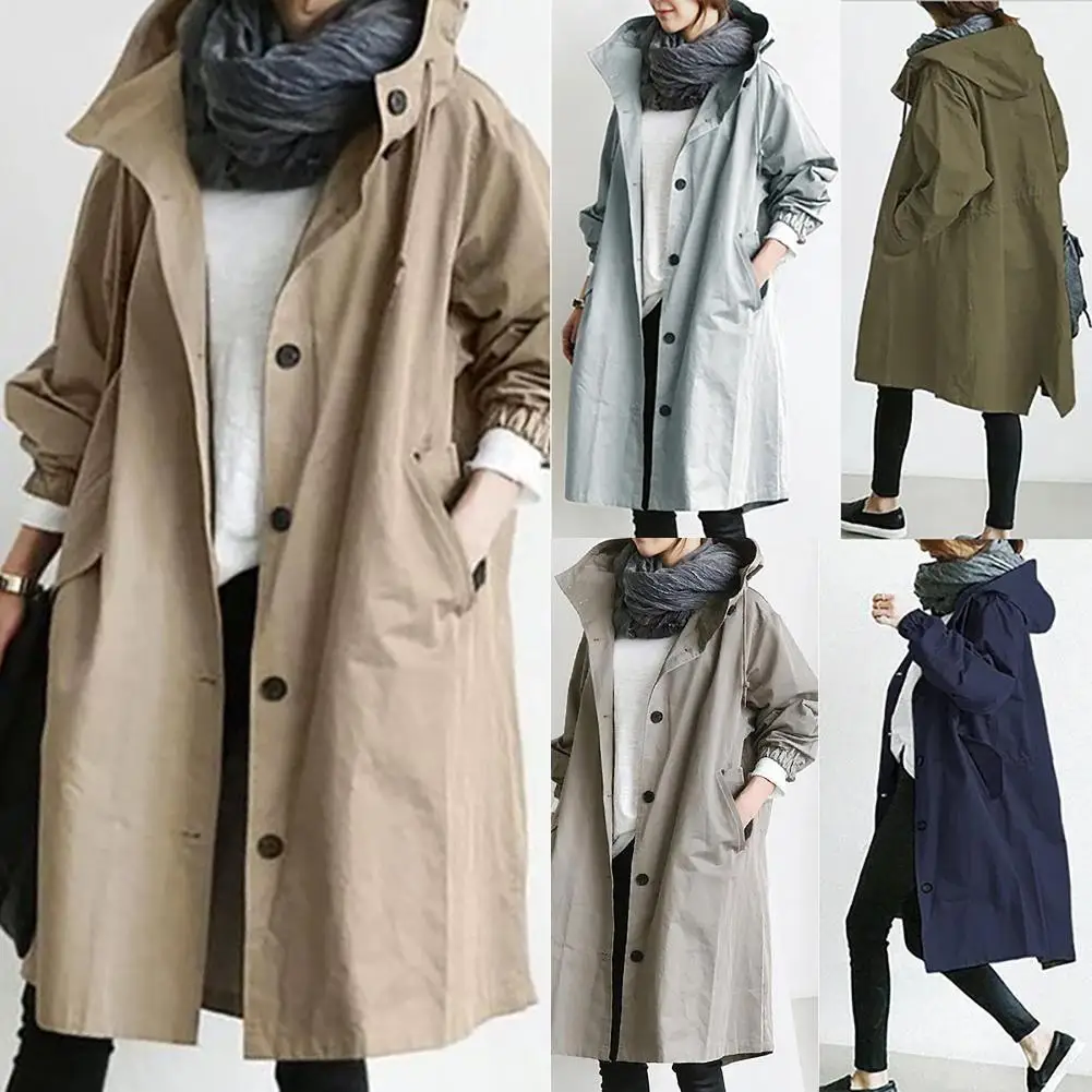 Women's Long Trench Coat with Pocket, Hooded Windbreaker, Monochromatic, Outerwear, Female Clothing, Autumn